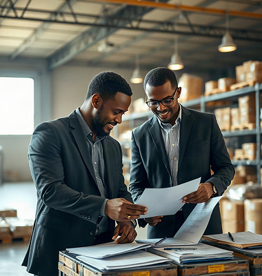 Two business owners reviewing paperwork in a warehouse