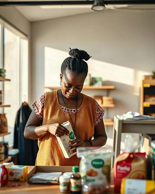 A merchant preparing goods behind the counter in her shop